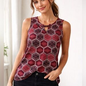 Tommy Hilfiger Geometric Sleeveless Blouse | Modern Preppy Graphic Top Medium